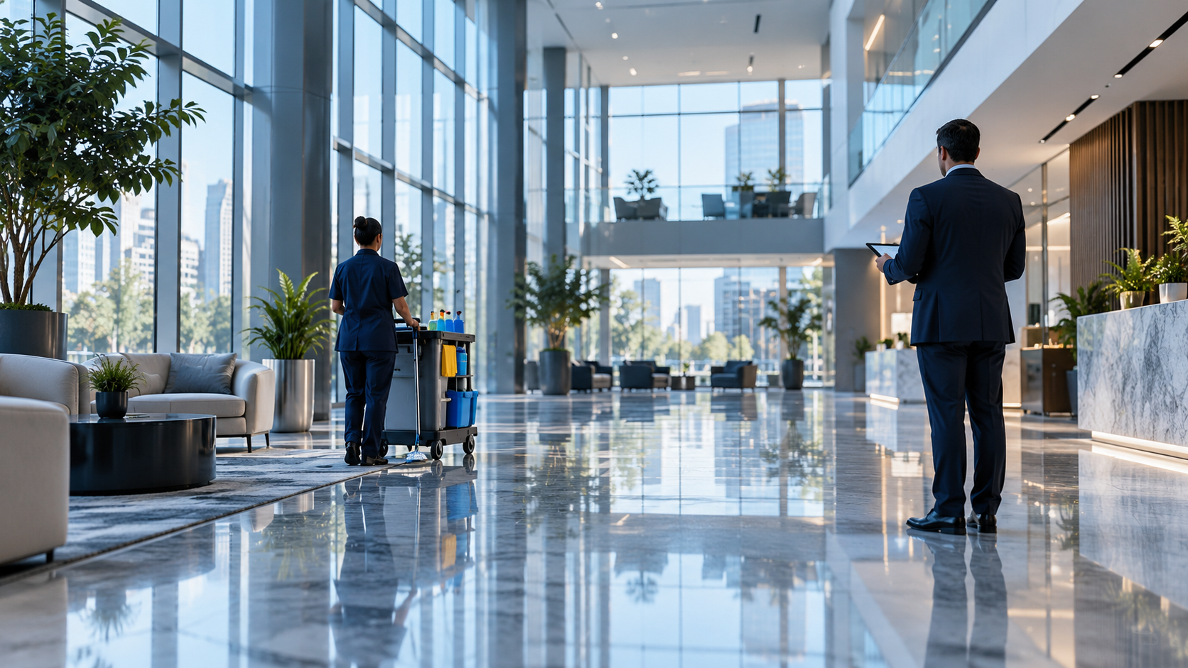 Responsable de servicio de Servilimpsa realizando una inspección de calidad en un vestíbulo corporativo